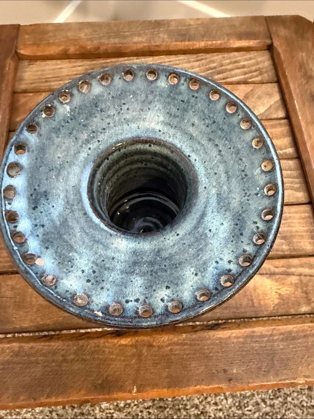 Handmade Studio Pottery Pedestal Candle Riser Stand Blue Speckled Glaze Signed